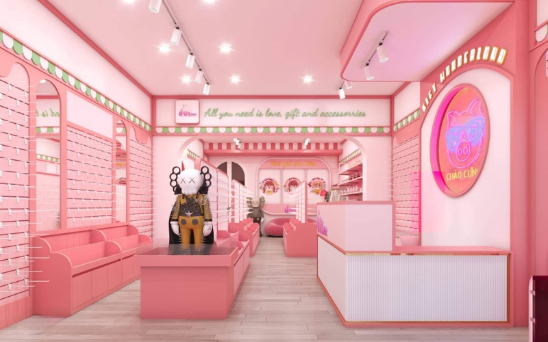 Mẫu đèn neon hiện đại có màu sắc tương đồng với thiết kế cửa hàng