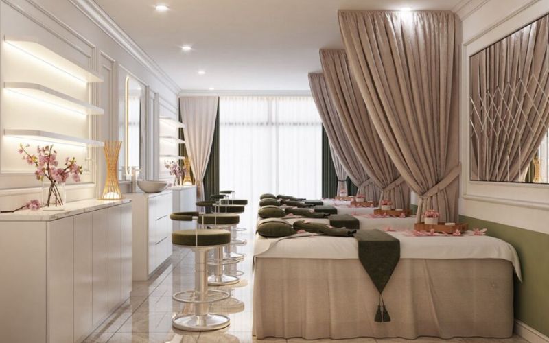 Spa massageVintage tối giản, nhấn điểm hoa trang trí để bàn