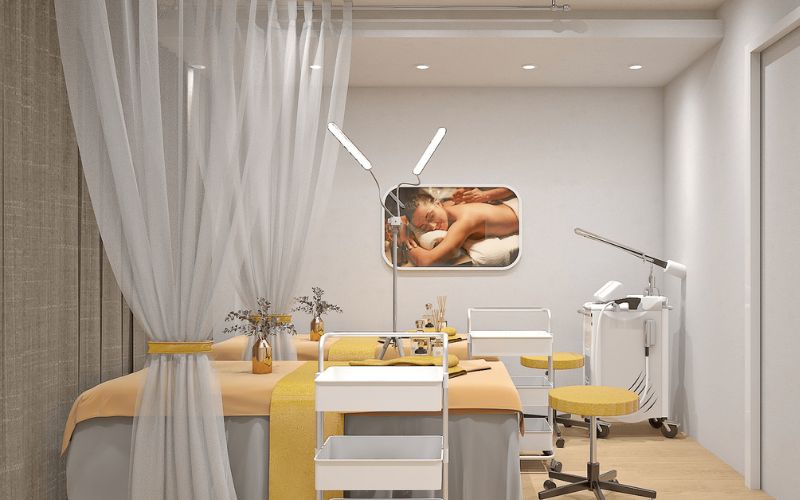 Spa chăm sóc da Vintage gam màu xám sang trọng, nội thất tiện nghi