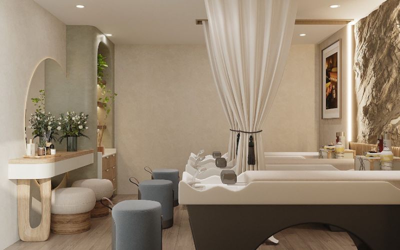 Spa gội đầu Vintage thanh lịch, nhấn điểm mặt tường đá sáng tạo