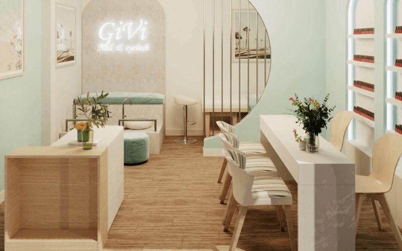 Spa nail Vintage màu xanh lá pastel, bố trí nội thất đơn giản