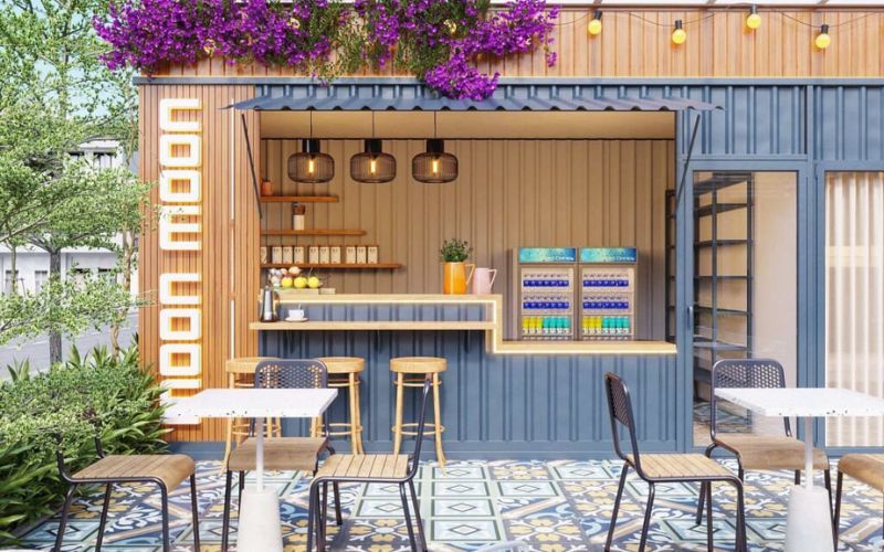 Quán trà sữa container sân vườn nổi bật với dàn hoa dây leo