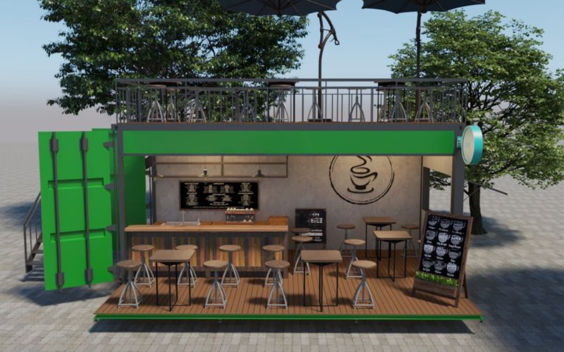 Quán trà sữa container dạng xếp tầng màu xanh lá cực nhã nhặn
