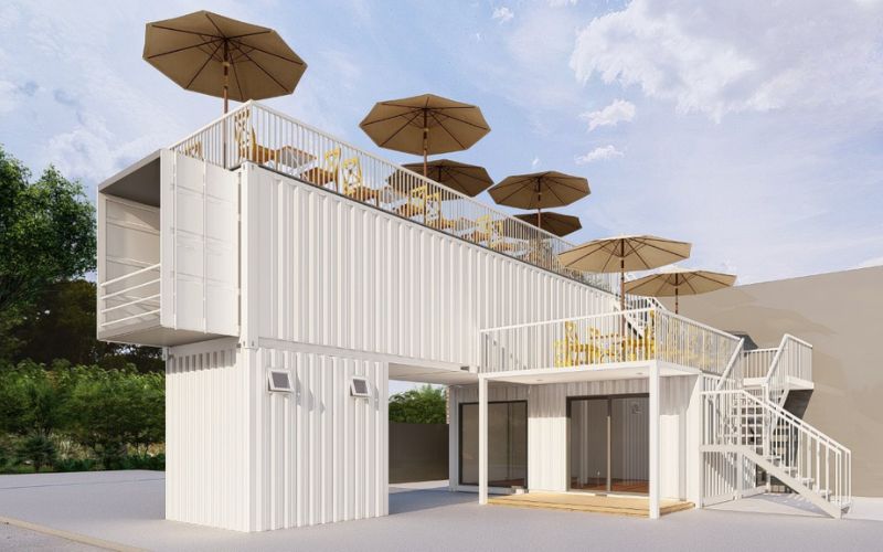 Quán trà sữa container phong cách Hàn với gam màu trắng chủ đạo