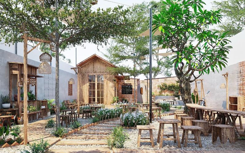 Quán trà sữa sân vườn phong cách hiện đại, bố trí hoa tươi rực rỡ